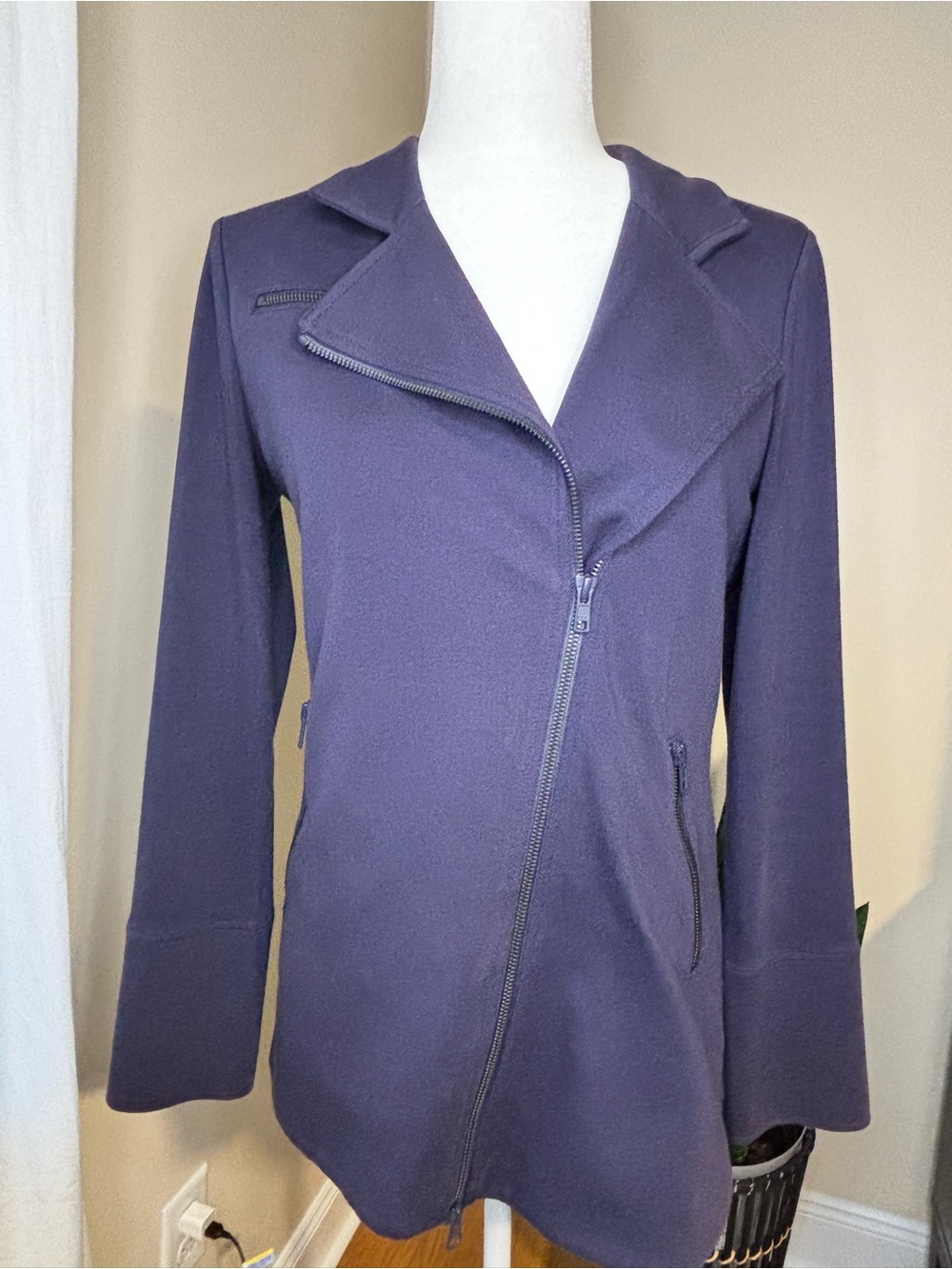 Eileen Fisher Organic Cotton Stretch Knit Asymmetrical Moto Navy Blue XS/TP